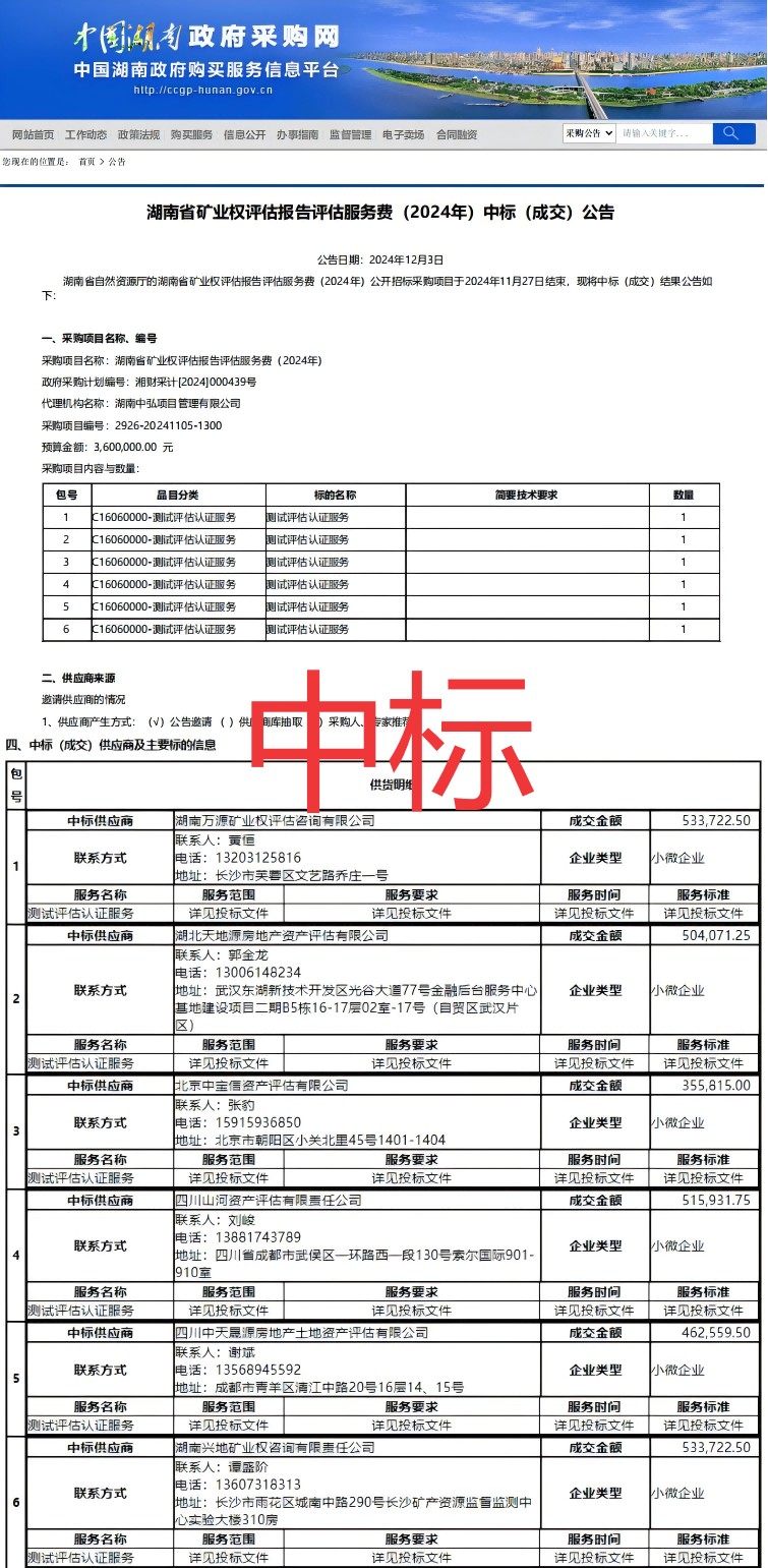 恭喜中標(biāo)！熱烈祝賀我司成功中標(biāo)湖南省礦業(yè)權(quán)評(píng)估報(bào)告評(píng)估服務(wù)費(fèi)（2024年）項(xiàng)目